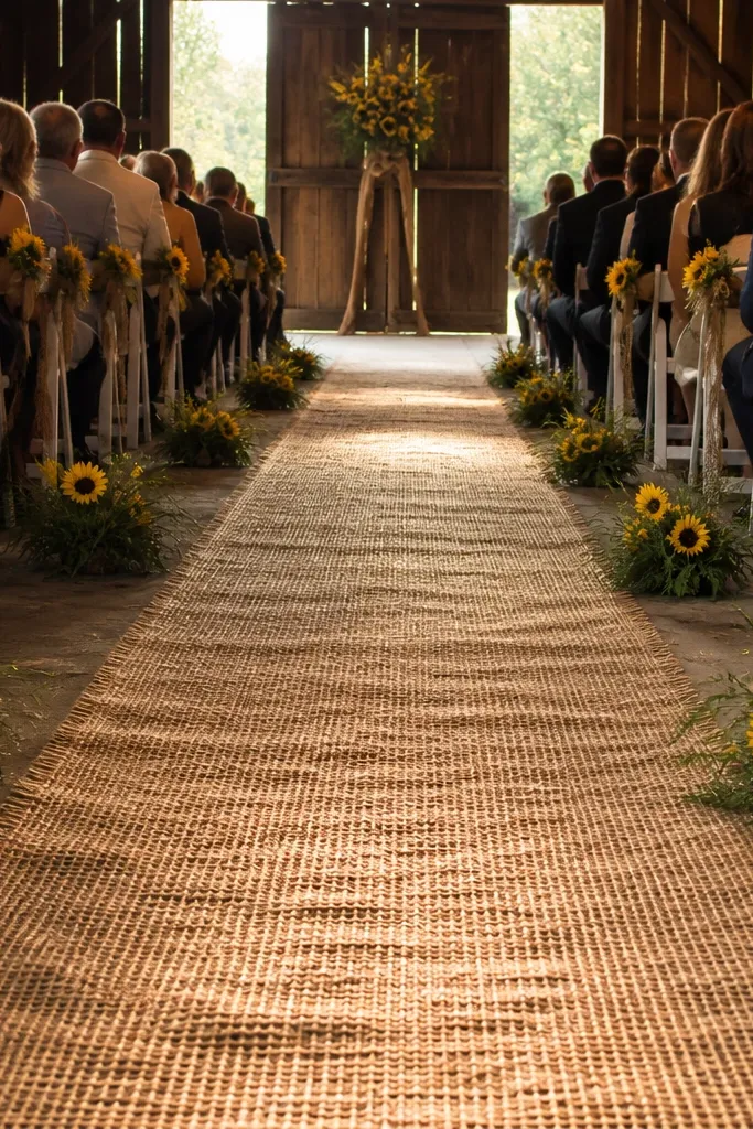 Burlap aisle runner with yellow sunflowers spaced along the sides