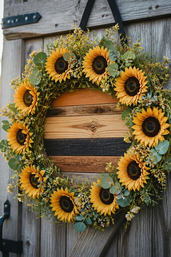 Wood welcome board on a barn door with a sunflower wreath and twine