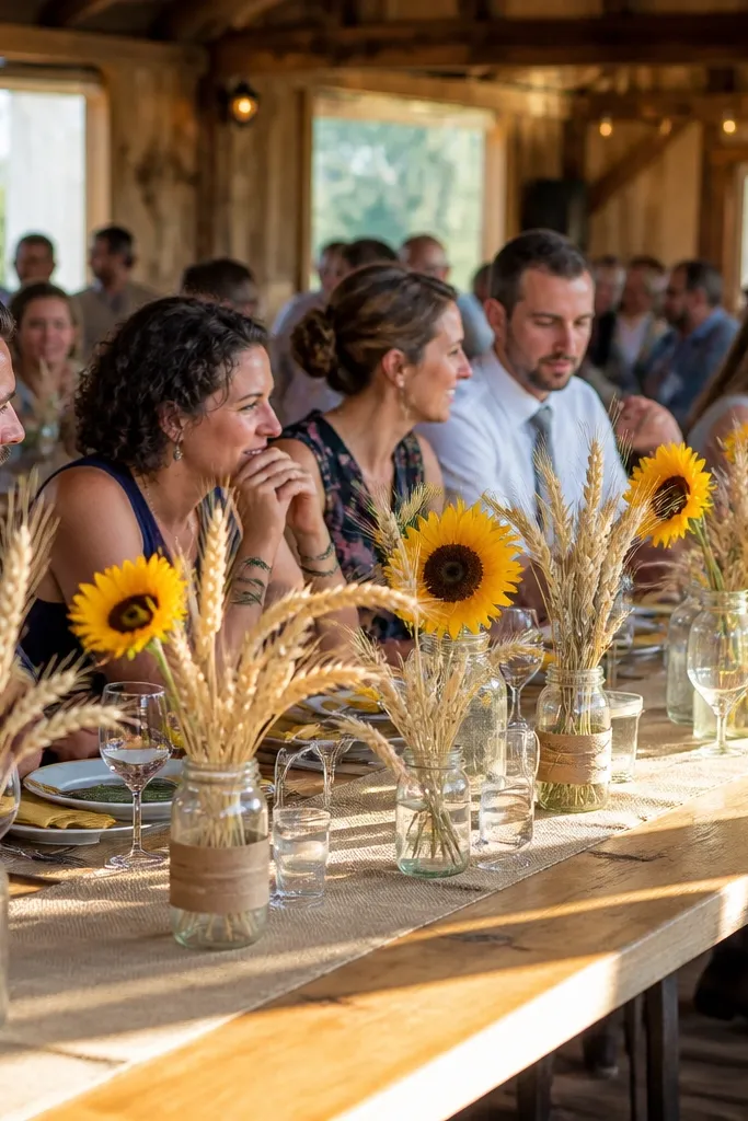 Mason jars with sunflower bundles and wheat stems on a wooden table