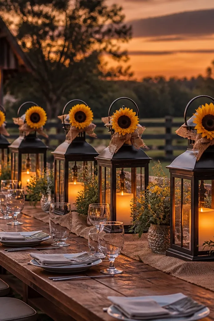 Metal lanterns with sunflowers and burlap wrapped around a long wooden table