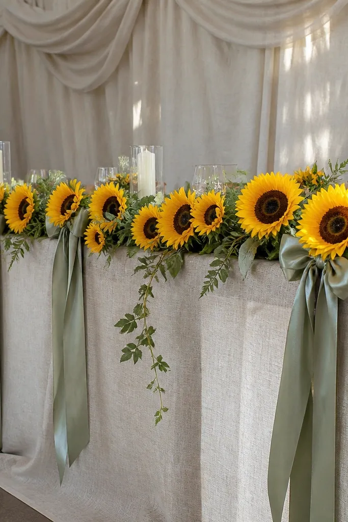 Sunflower garland across a head table with sage ribbons tied along the front