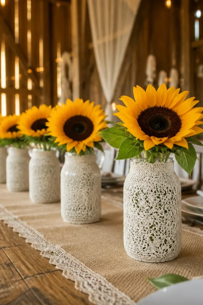 Small bud vases with sunflower stems wrapped in cotton lace sleeves