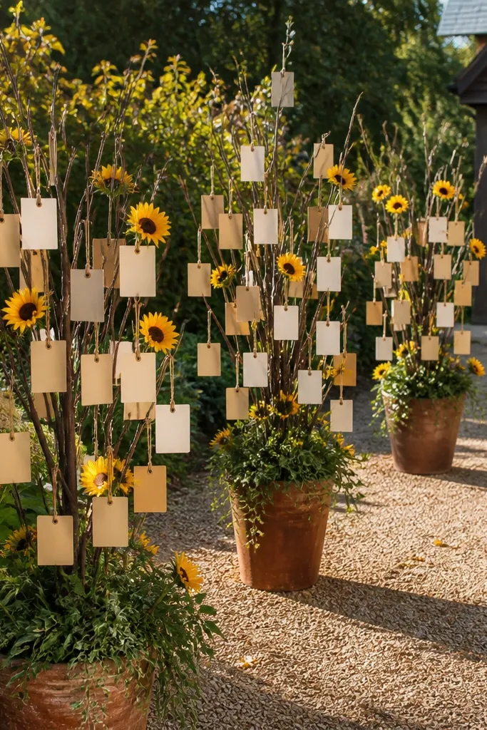 Twig branch place card tree with small sunflowers and cream cards