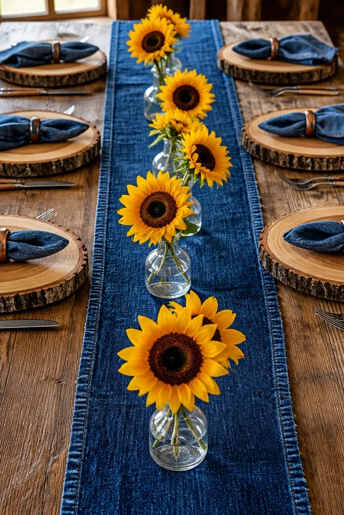 Denim table runner with sunflowers and round wood slice chargers