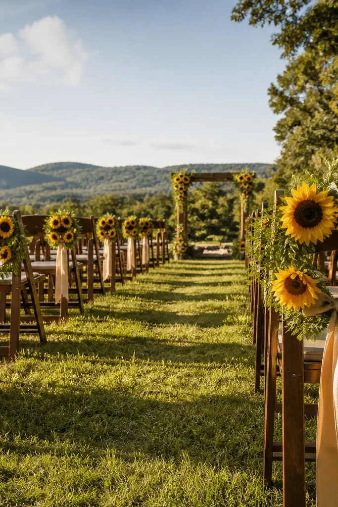 Folding chairs with sunflower wreaths and cream ribbon at a ceremony aisle