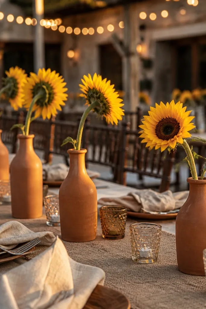 Terracotta bud vases with sunflower stems and dusty green sprigs