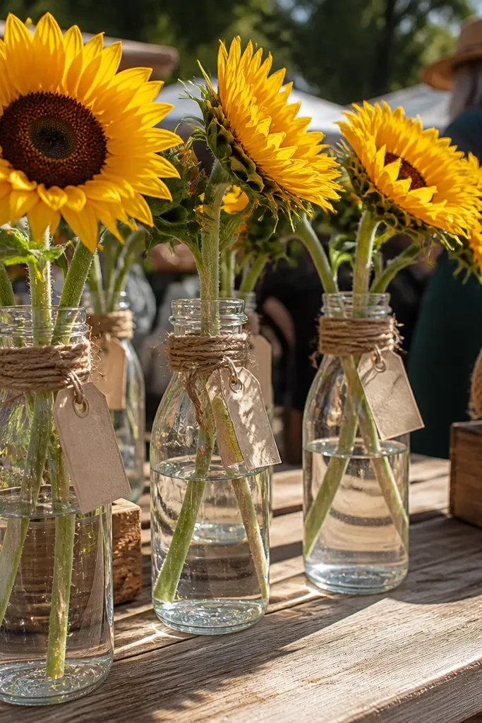 Glass bottles with sunflowers tied with kraft twine and small label tags