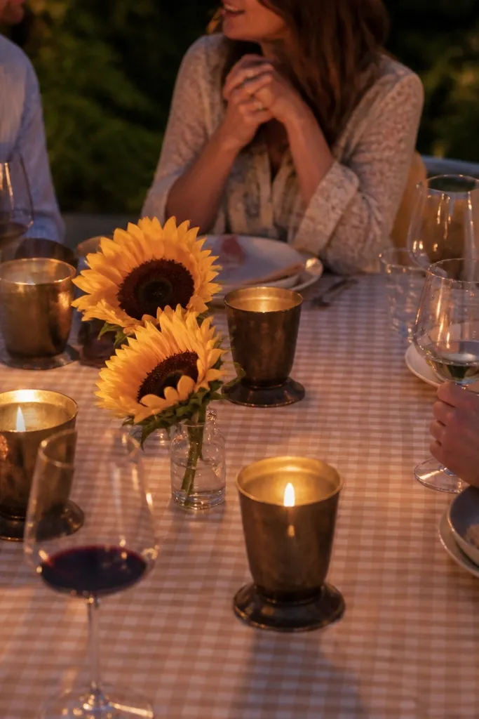Gingham tablecloth with sunflower accents and bronze candle cups