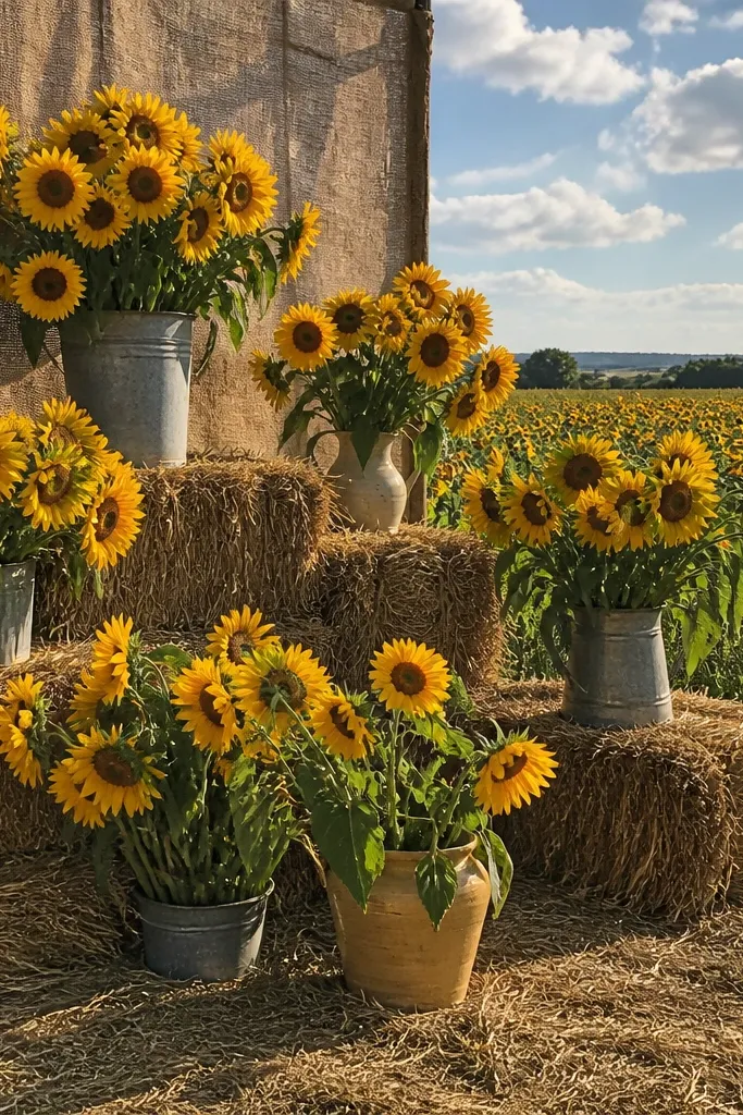 Hay bales and burlap panels with sunflowers arranged in front of them