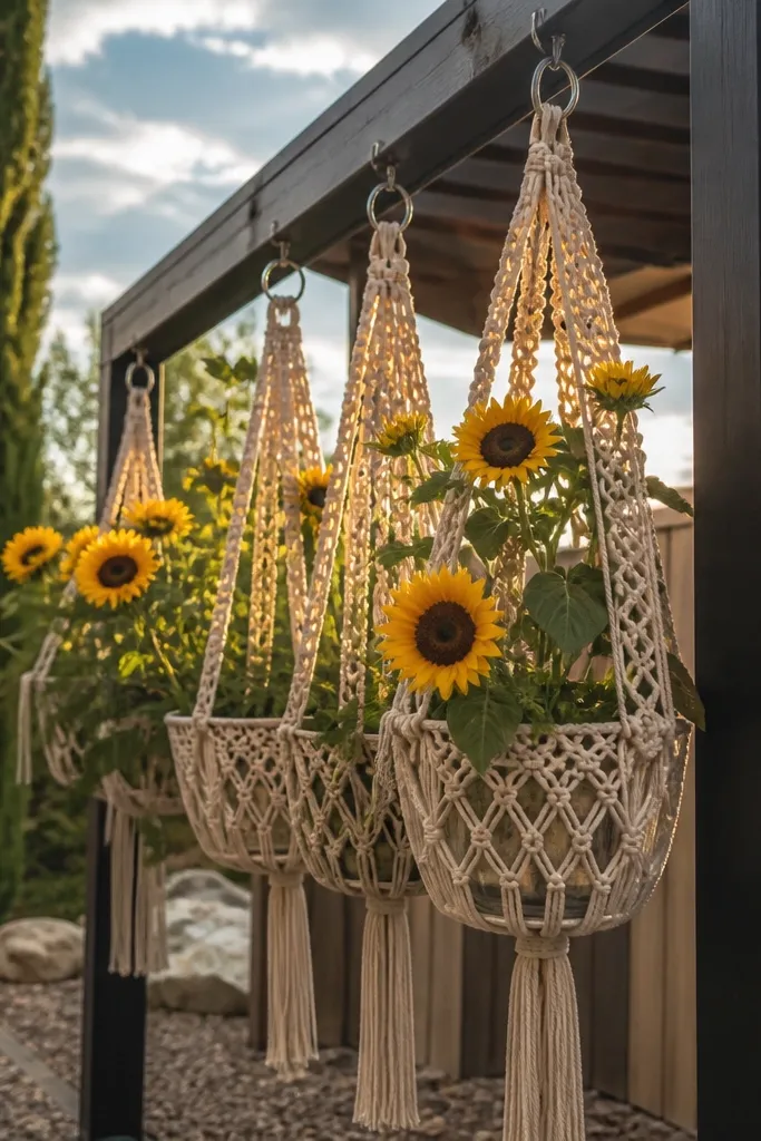 Macrame hanging planters with sunflower stems at a reception entrance