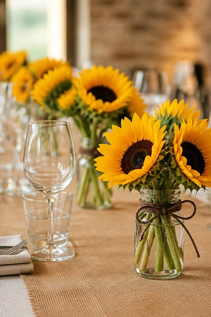 Small sunflower bud bouquets tied with dark twine on guest tables