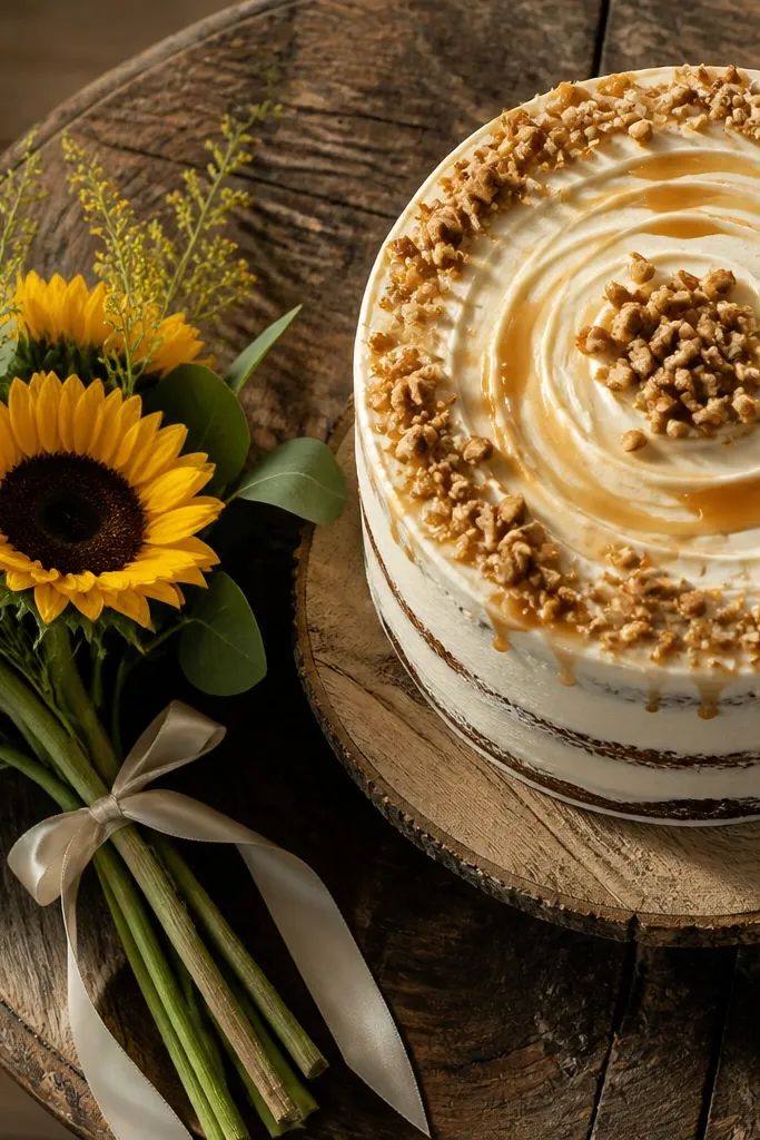 Weathered wood cake stand with sunflower and cream ribbon beside it