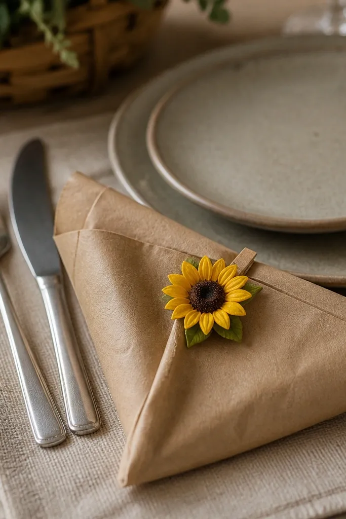 Kraft napkin wrap with a mini sunflower clip on a place setting