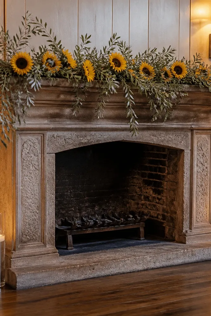 Fireplace mantel with sunflower clusters and olive branches on a rustic mirror