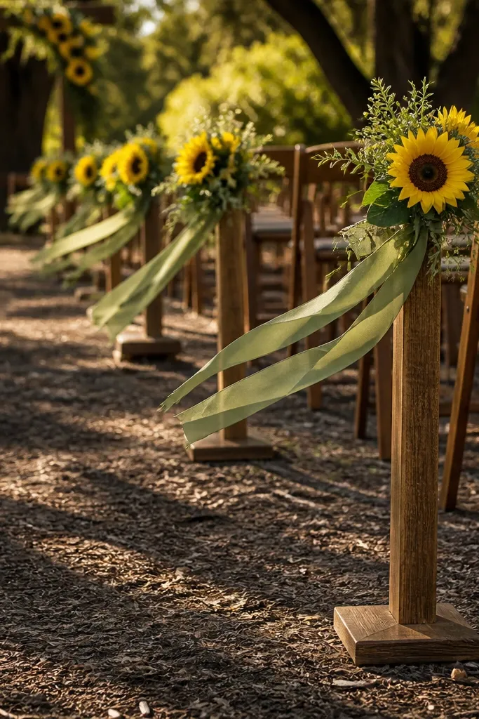 Wooden aisle markers with sunflower accents and sage ribbon ties