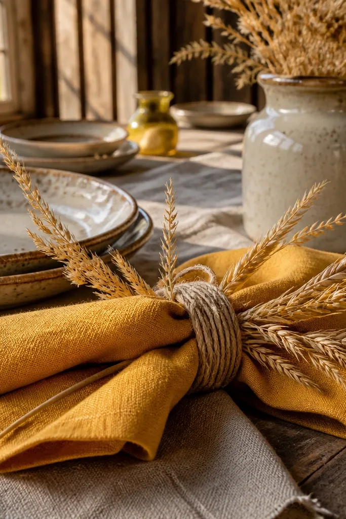 Linen napkins with twine rings and dried grass sprigs plus sunflower accents