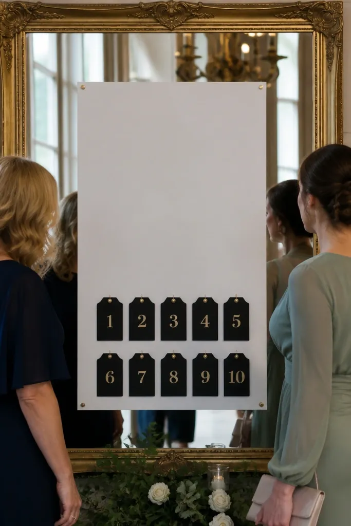 A gold-framed mirror with a seating chart and numbered cards on an easel