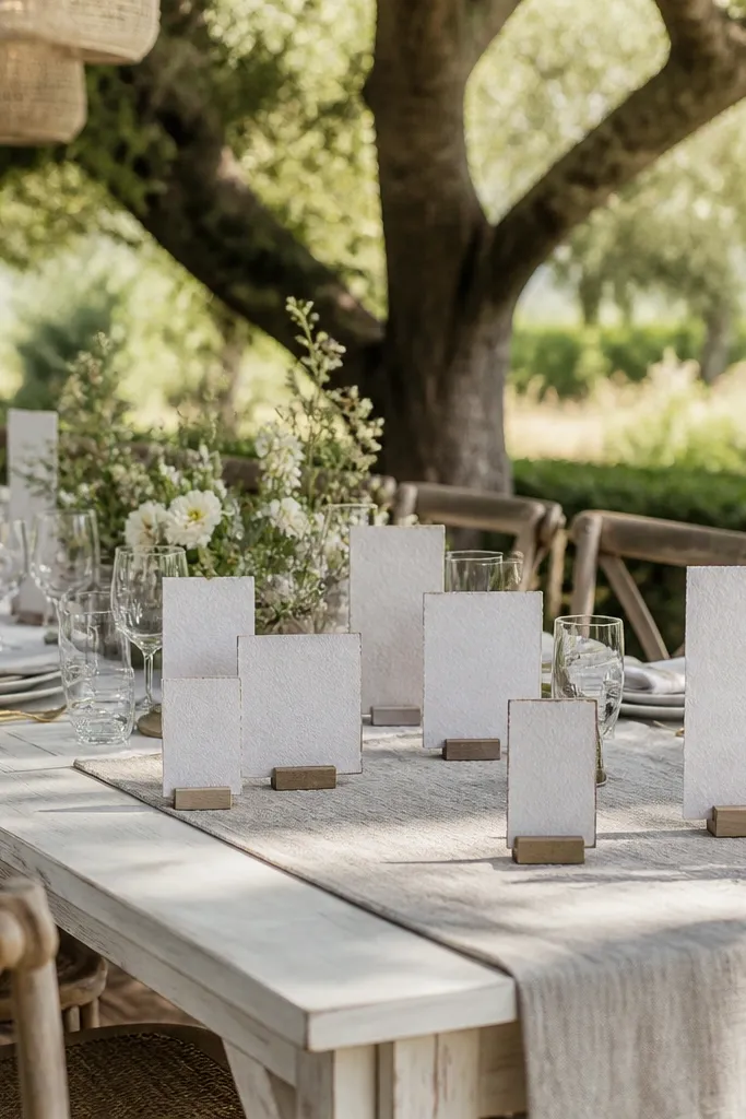 A whitewashed table with stacked seating cards and a linen runner