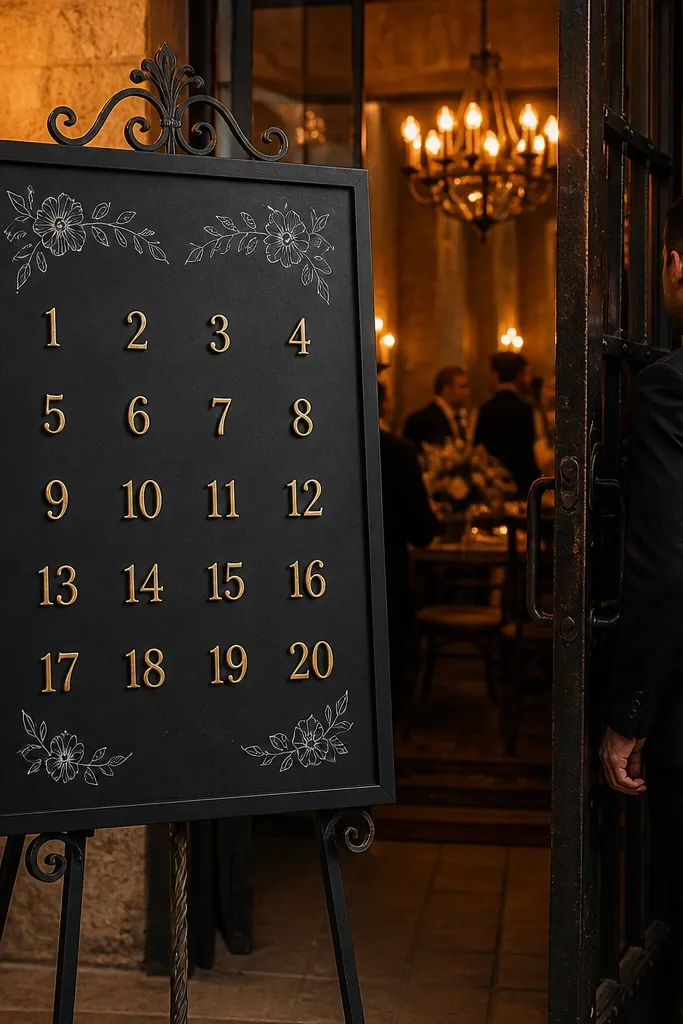A black chalkboard with gold table number writing and typed seating names