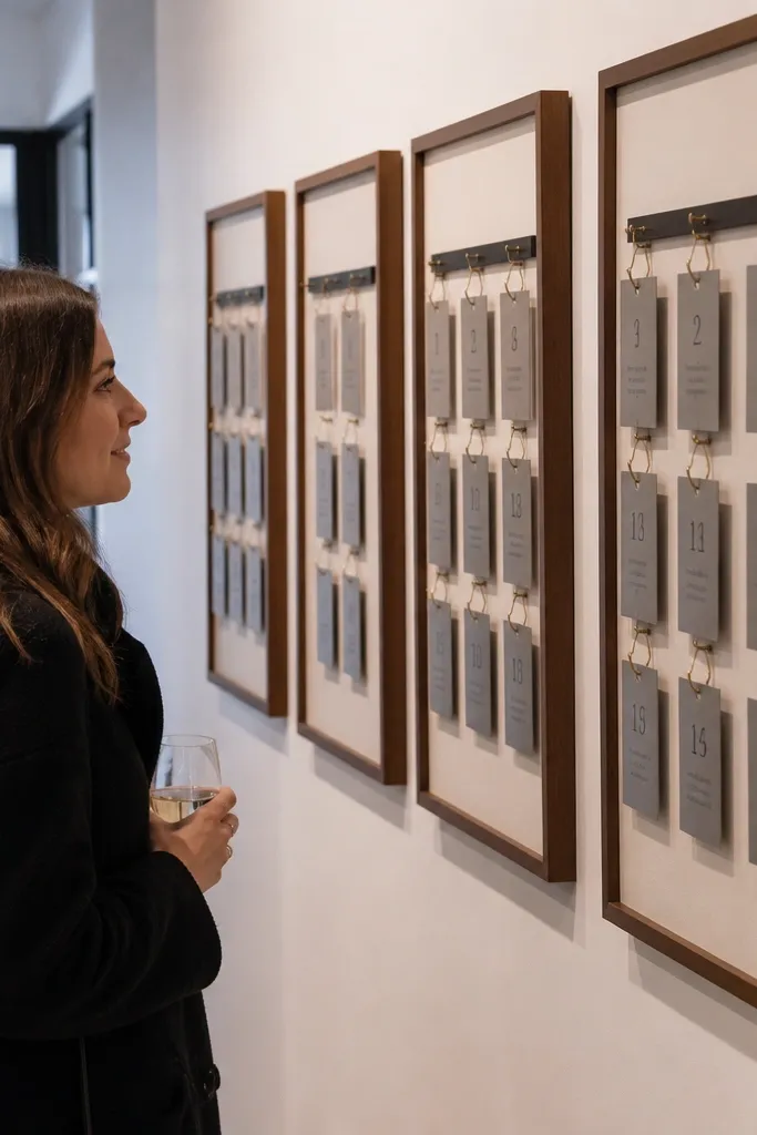 Several frames on a wall with a seating chart and numbered tags