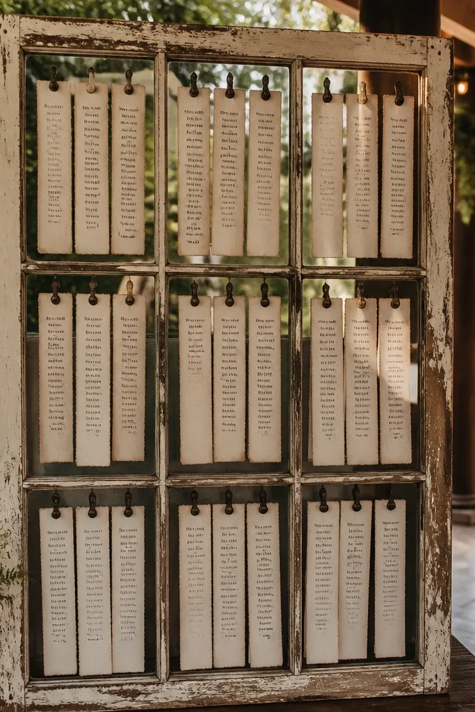 A vintage window frame with hanging strips listing names by table