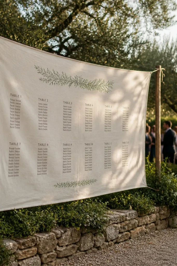 A fabric banner seating chart with rope lines and hanging table markers