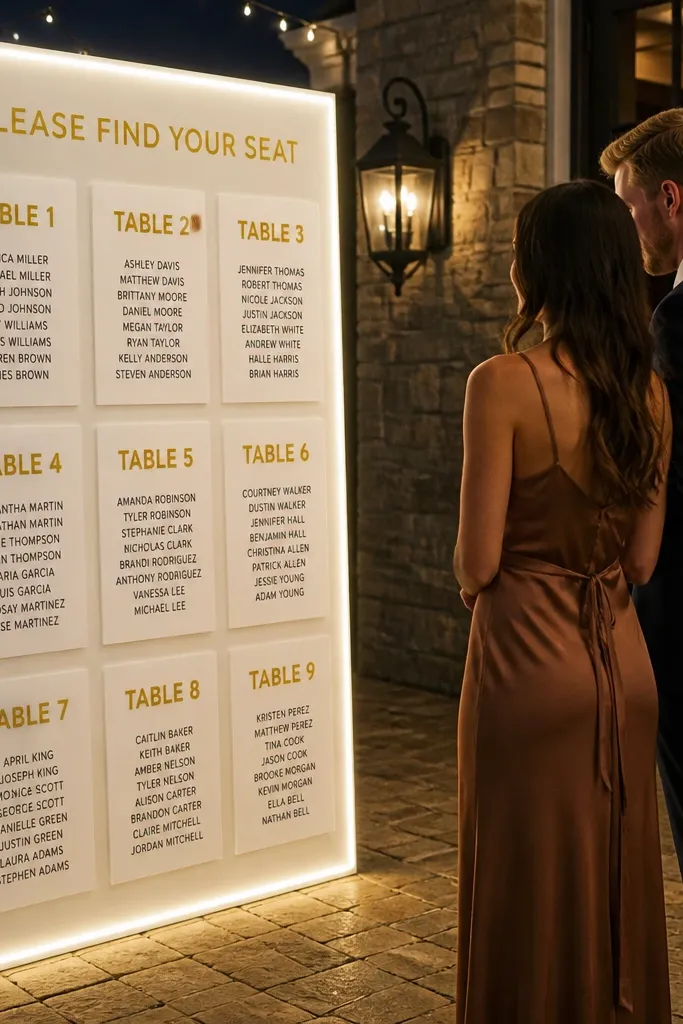 A white seating chart board with glowing edge accents and bold table numbers