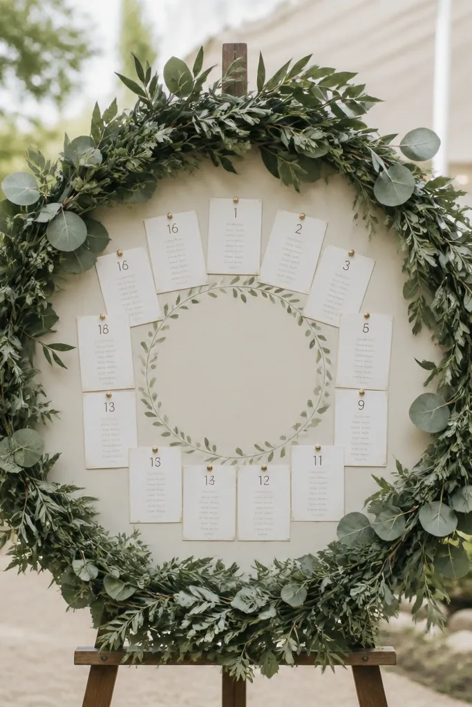 A botanical wreath holding a seating chart with table numbers arranged inside