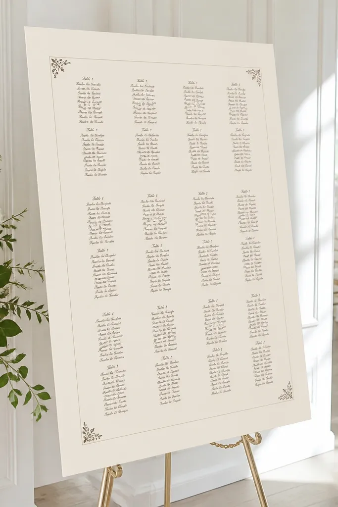 A seating chart board with a large header and small corners on a cream background