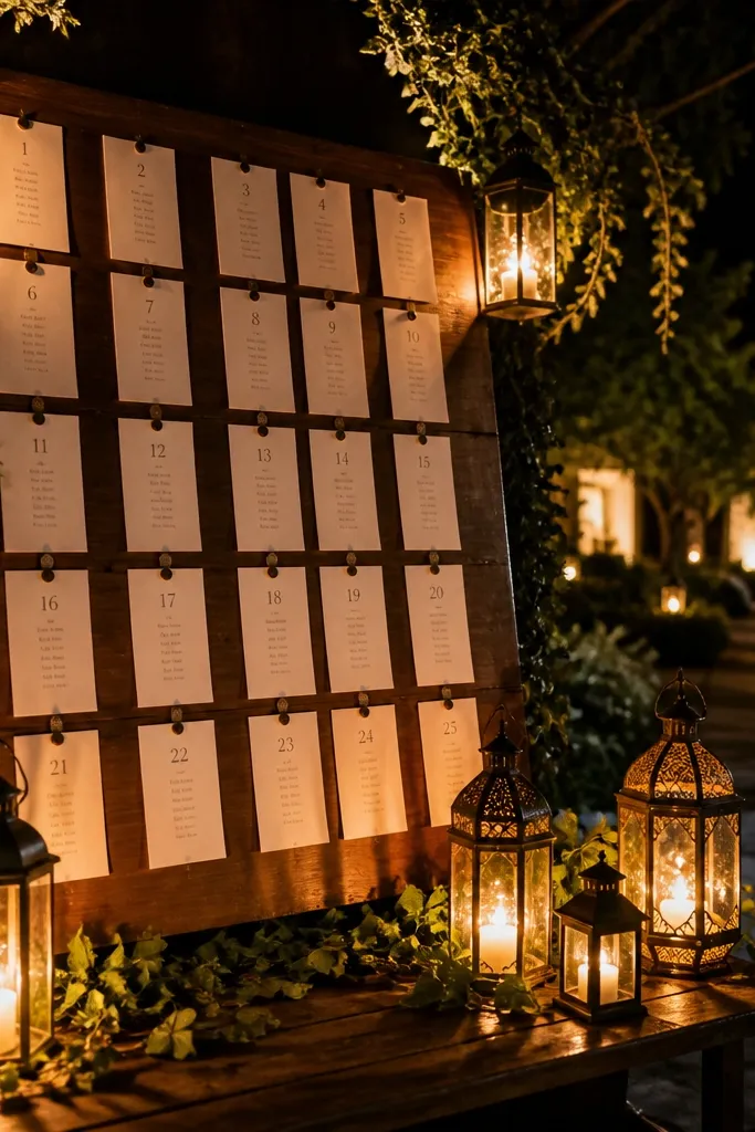 A cluster of lanterns with pinned seating sheets and table numbers