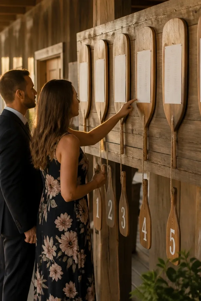 Wooden paddles arranged like a sign with hanging table numbers and names