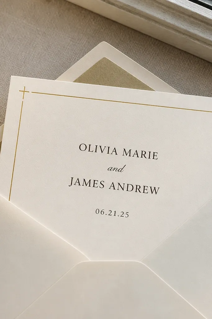 Ivory wedding card with a thin gold cross border and dark script text