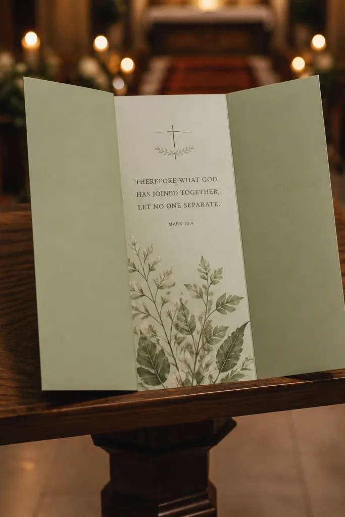 Matte sage gatefold wedding invitation with a scripture-style header in dark ink