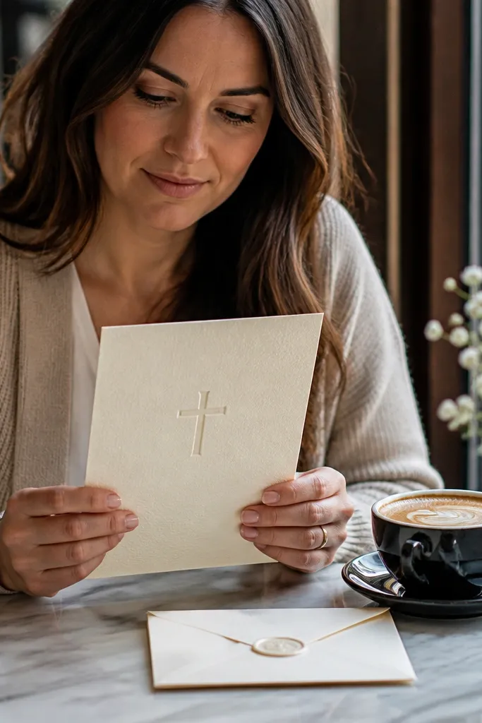 Cream invitation with subtle letterpress texture and an embossed cross near the top