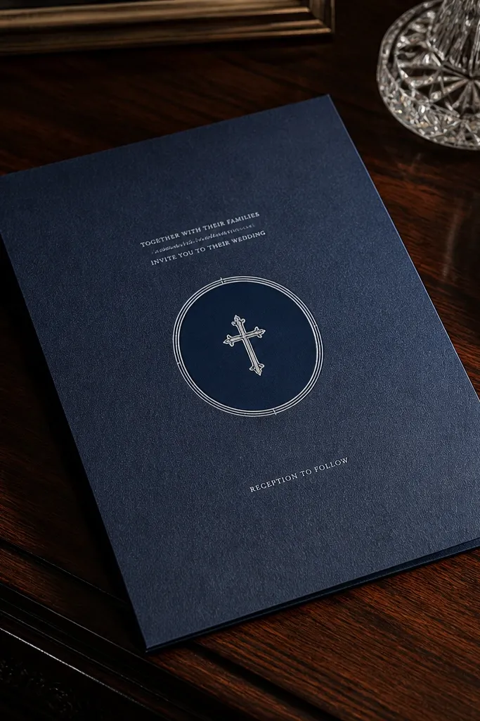 Navy invitation with a circular monogram and a white foil cross above the date