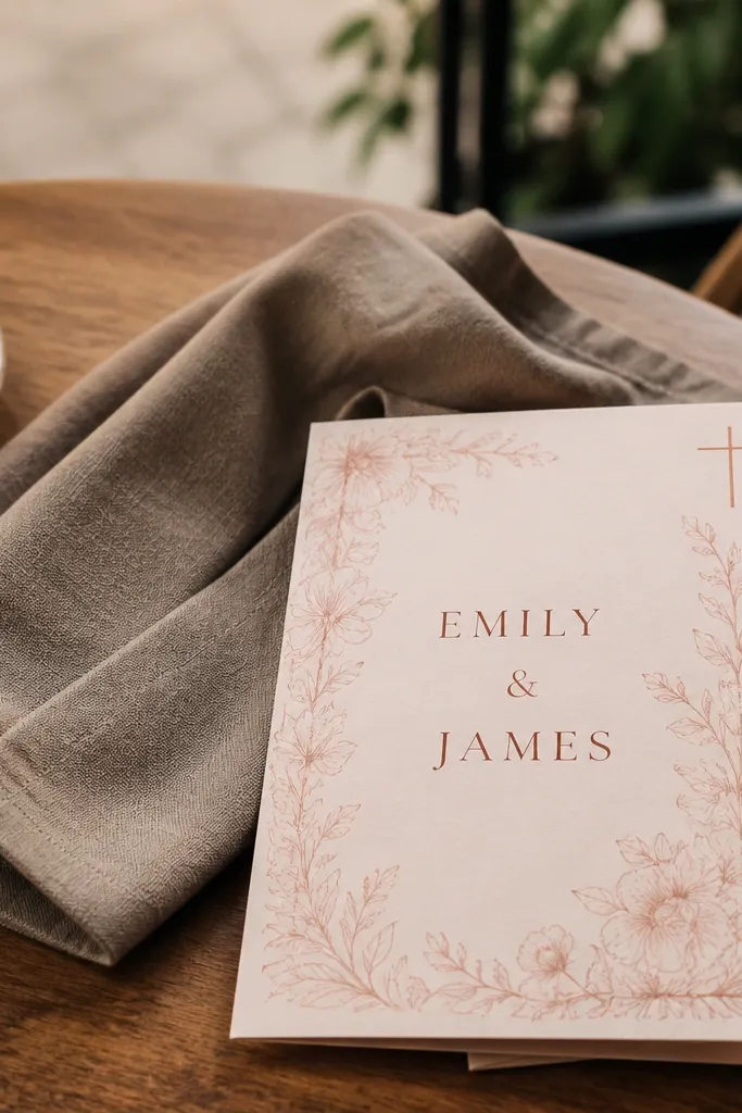 Blush floral frame invitation with a small cross icon in the corner