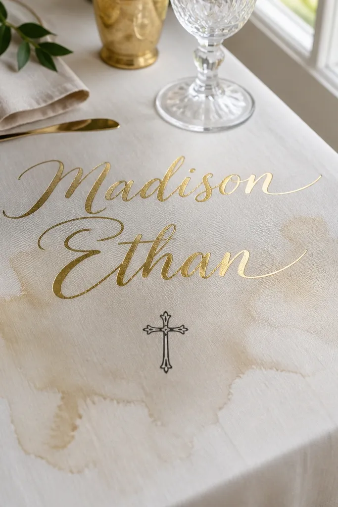 Cream card with soft watercolor wash and gold foil script names with a small cross