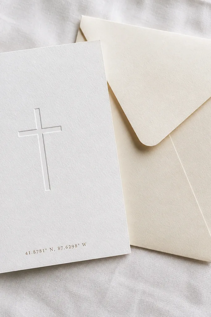 White linen textured invitation with a debossed cross and small location coordinates