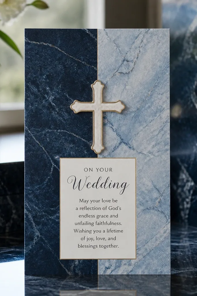 Two-panel blue marble invitation with a center cross emblem in darker ink