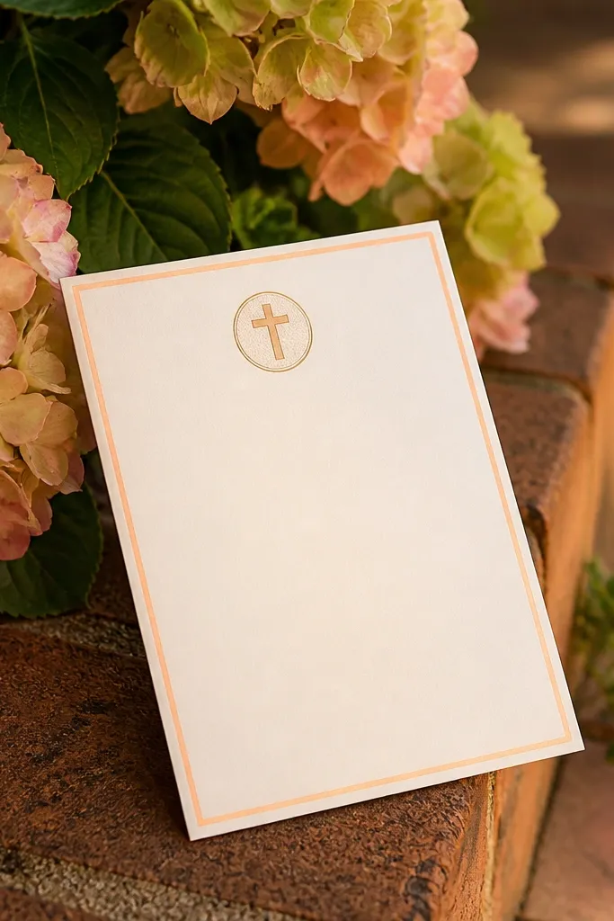 Apricot bordered wedding card with a small cross medallion above the date