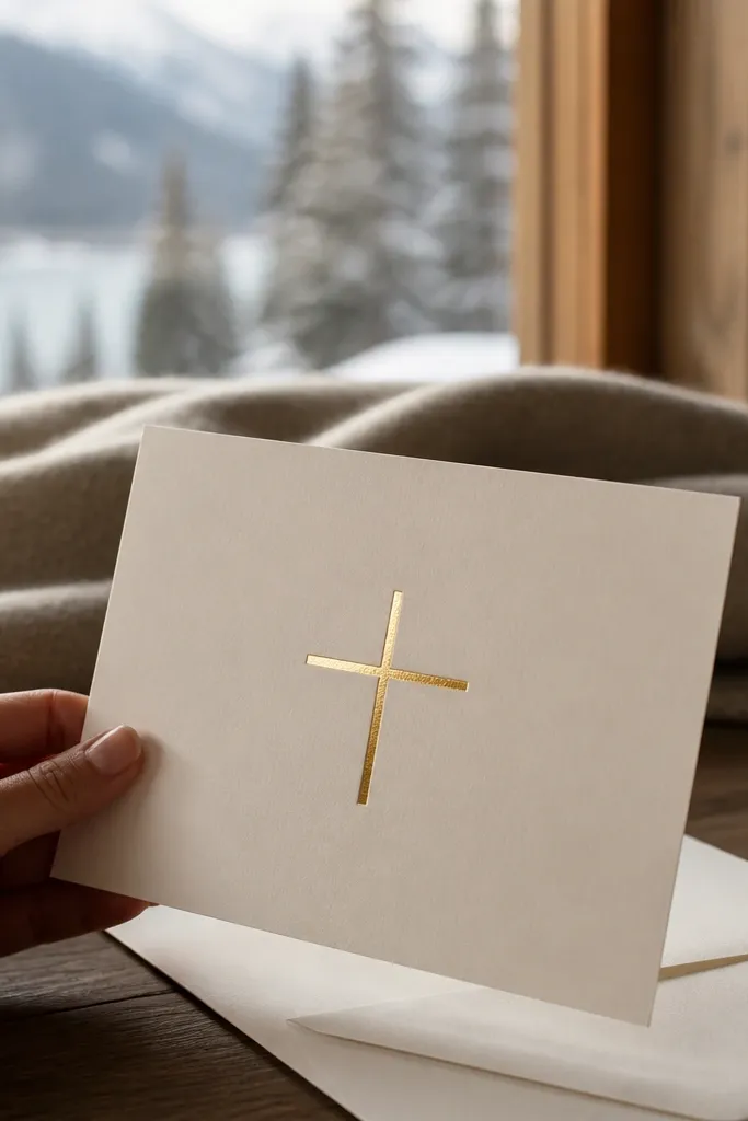 Cream card with a champagne foil cross and minimal dark typography