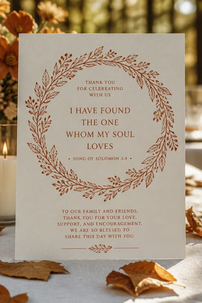 Terracotta wreath frame invitation with a single scripture line and dark text
