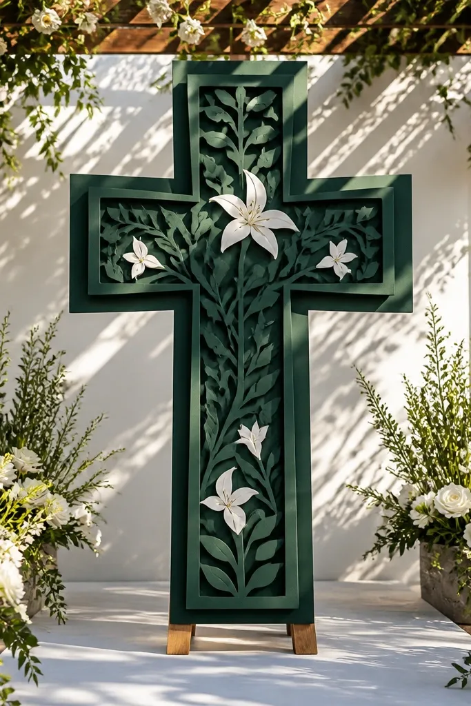 Forest green layered invitation with a cutout cross and a clean spot area