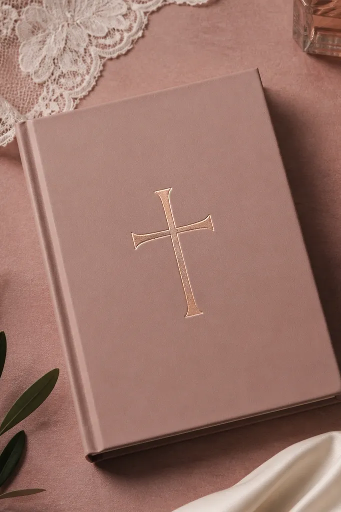 Dusty rose card with rose gold foil cross and dark text