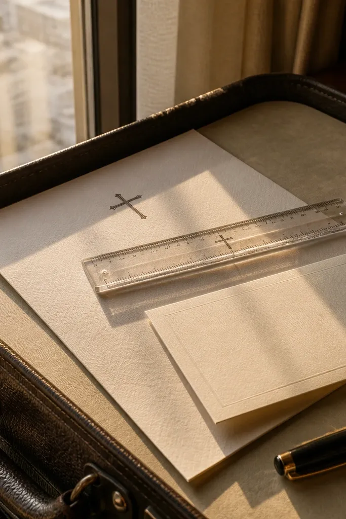 Neutral linen invitation with a cross stamp motif and a neat address panel