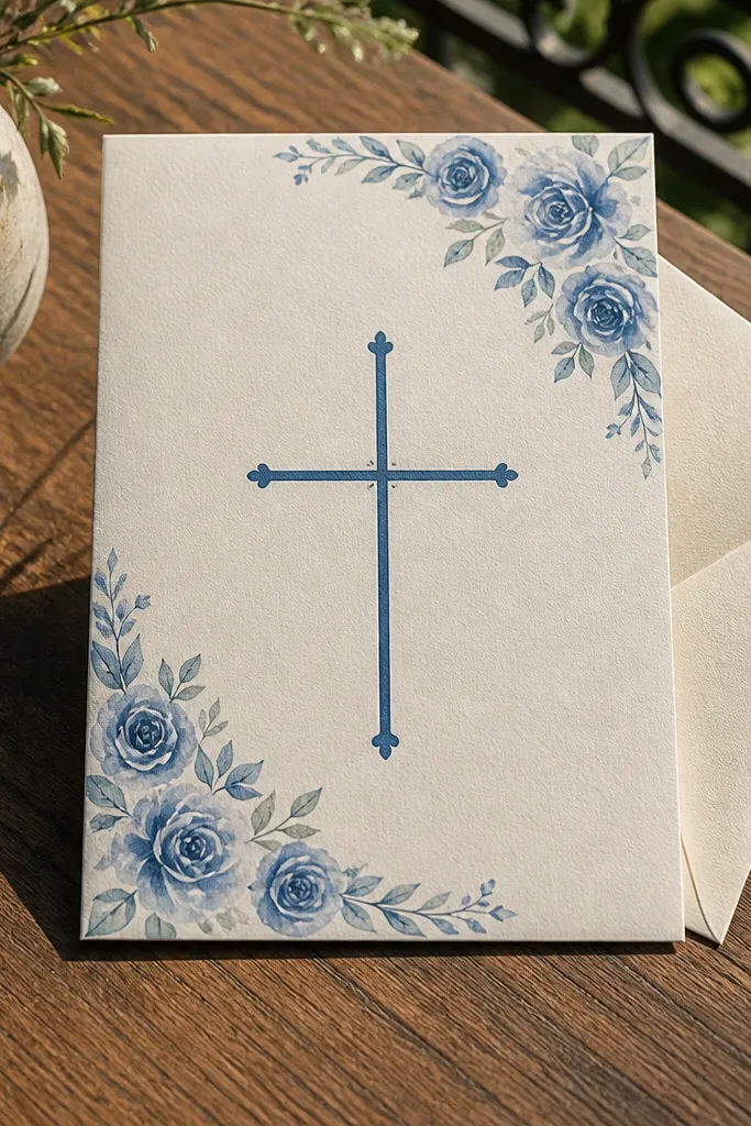Soft cream card with a blue cross and watercolor flowers in one corner