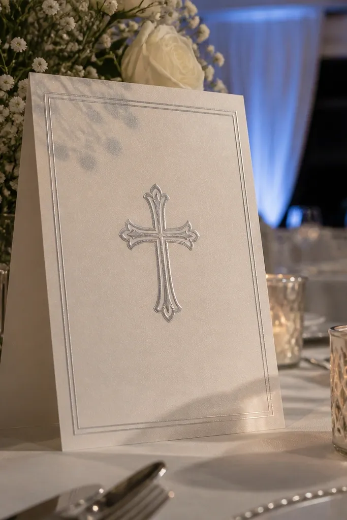 Pearl white card with thin border and a monochrome silver cross