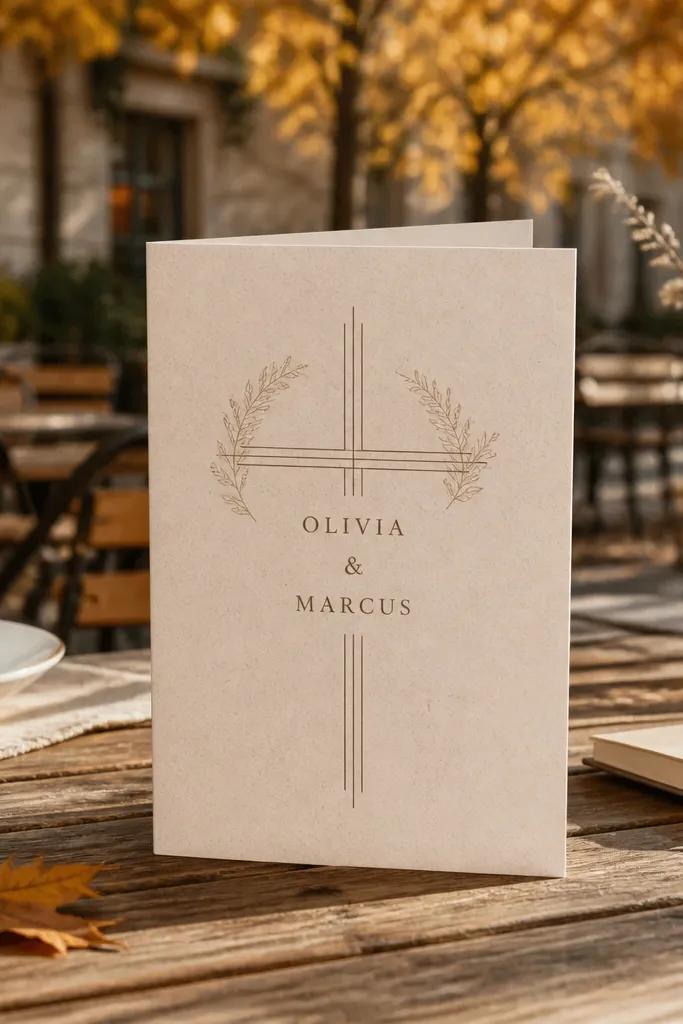 Sandstone-toned card with thin etched cross line art and centered names