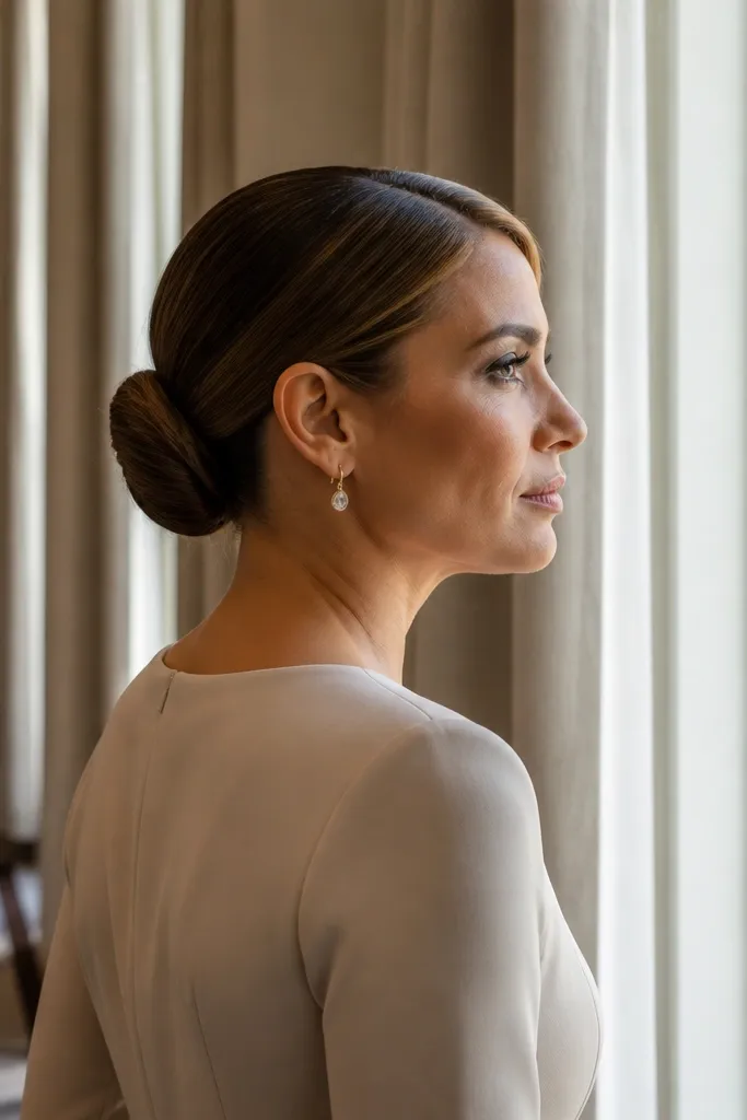 Long dark hair in a low bun with a small side part and smooth shine