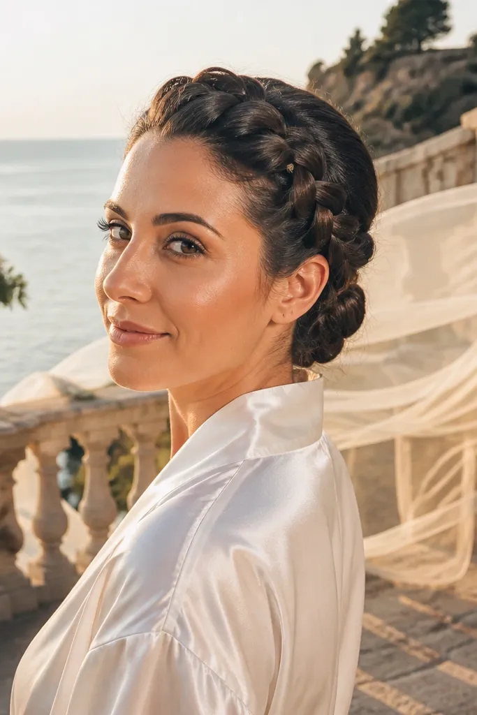 Hair braided into a crown with a low tied knot at the back